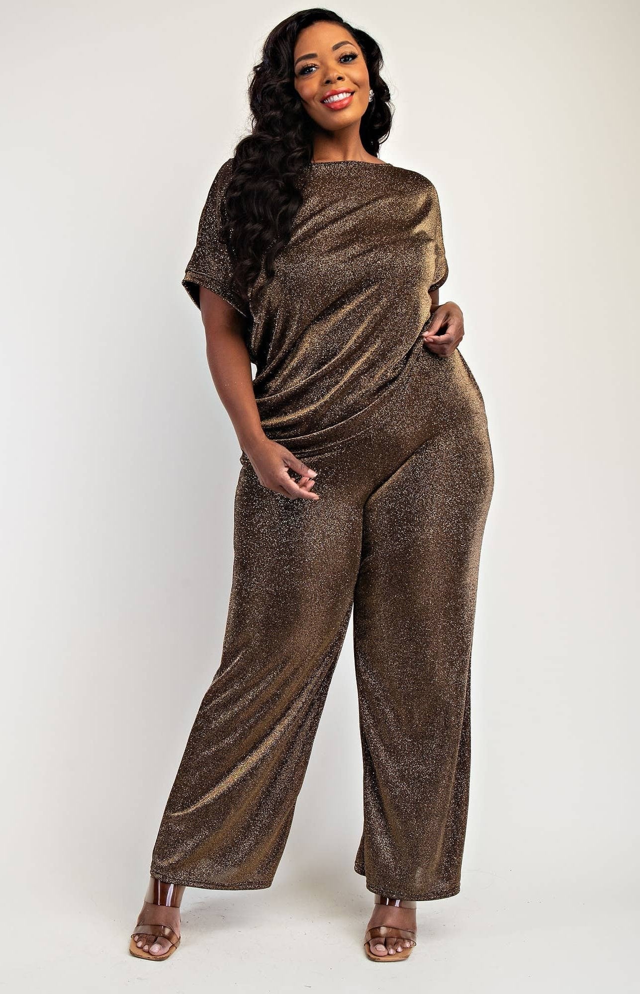 Ayla Plus Size Glitter Knit Short Sleeve Top and Wide Leg Pant Set