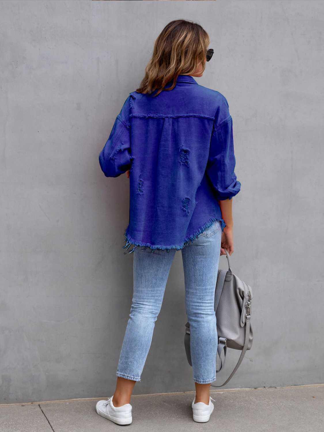 Distressed Drop Shoulder Fringe Denim Jacket Cotton Blend