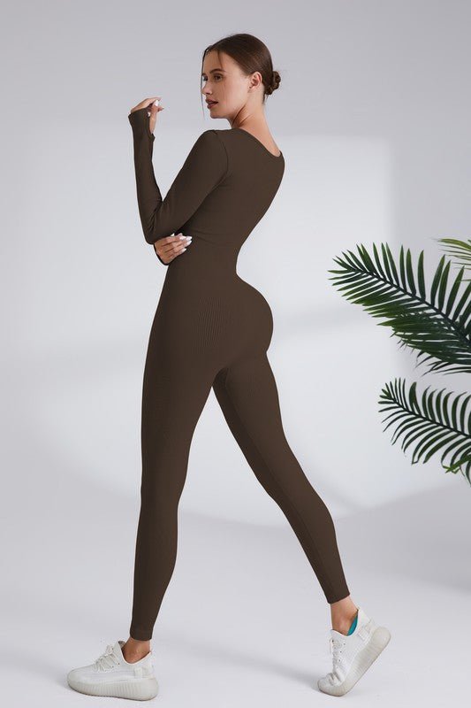 Blaire Sport Serenity Square Neck Ribbed Long Sleeve Gym Jumpsuit