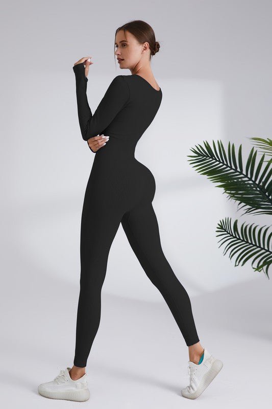 Blaire Sport Serenity Square Neck Ribbed Long Sleeve Gym Jumpsuit