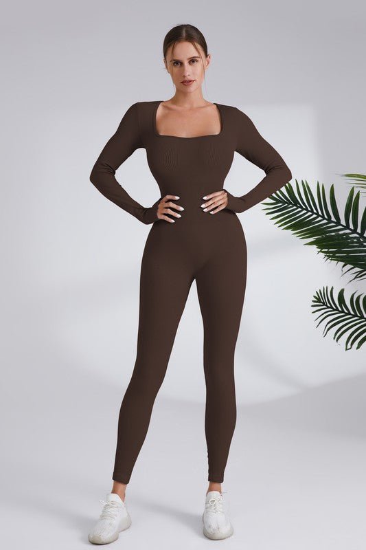 Blaire Sport Serenity Square Neck Ribbed Long Sleeve Gym Jumpsuit