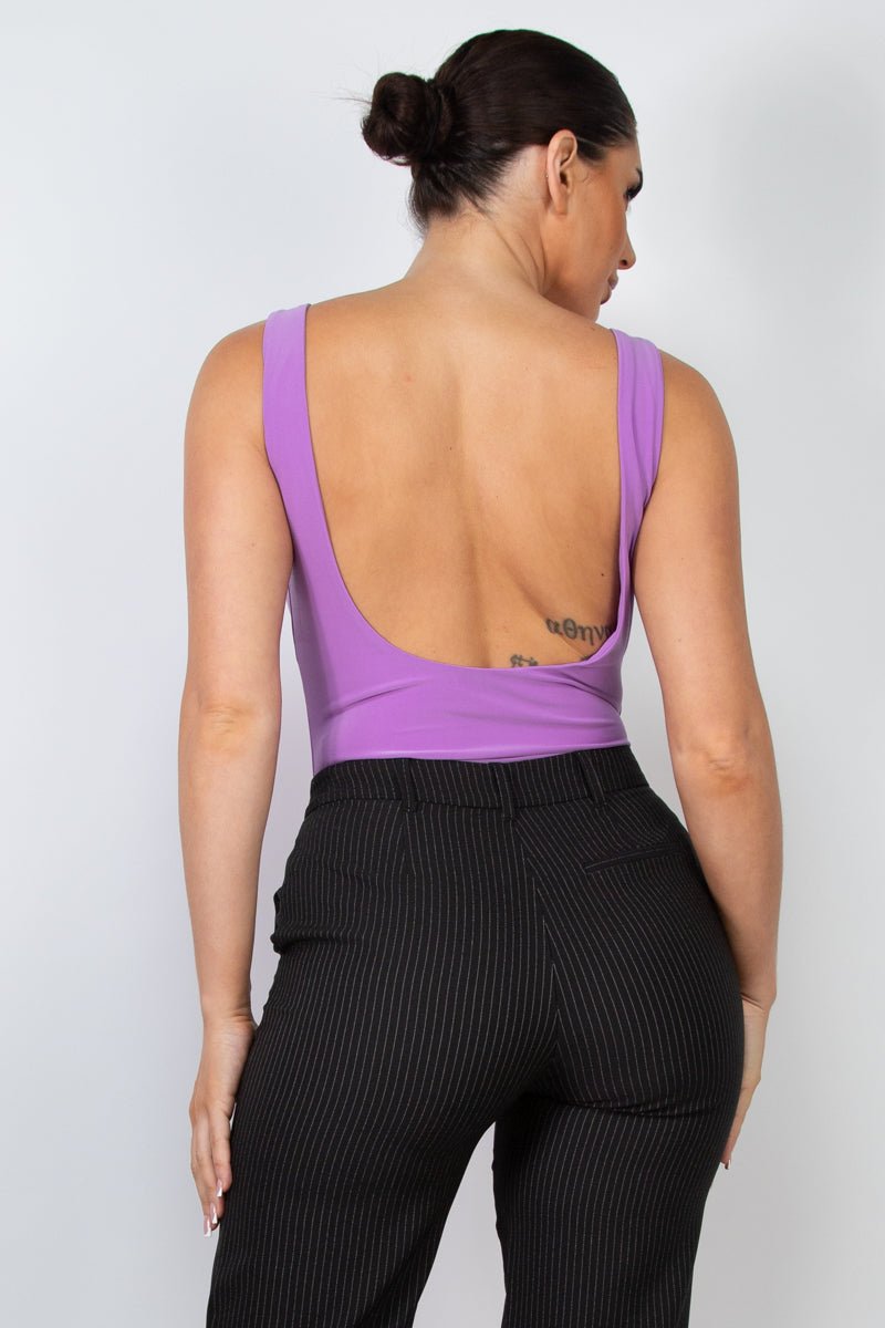 Built In Bra Double Layered Bodysuit - Backless Sleeveless Scoop Neck for Effortless Style