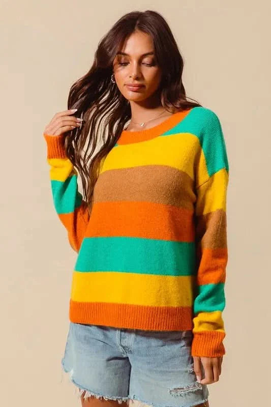 So Me Multi Color Stripe Sweater With Ribbed Detail