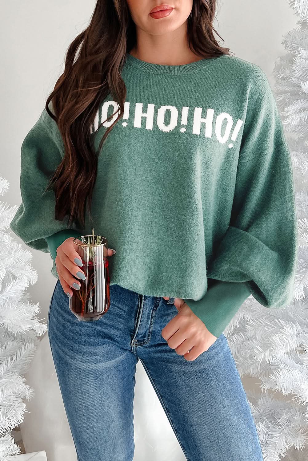 Fiery Red Merry Christmas Ho Ho Ho Drop Shoulder Loose Sweater