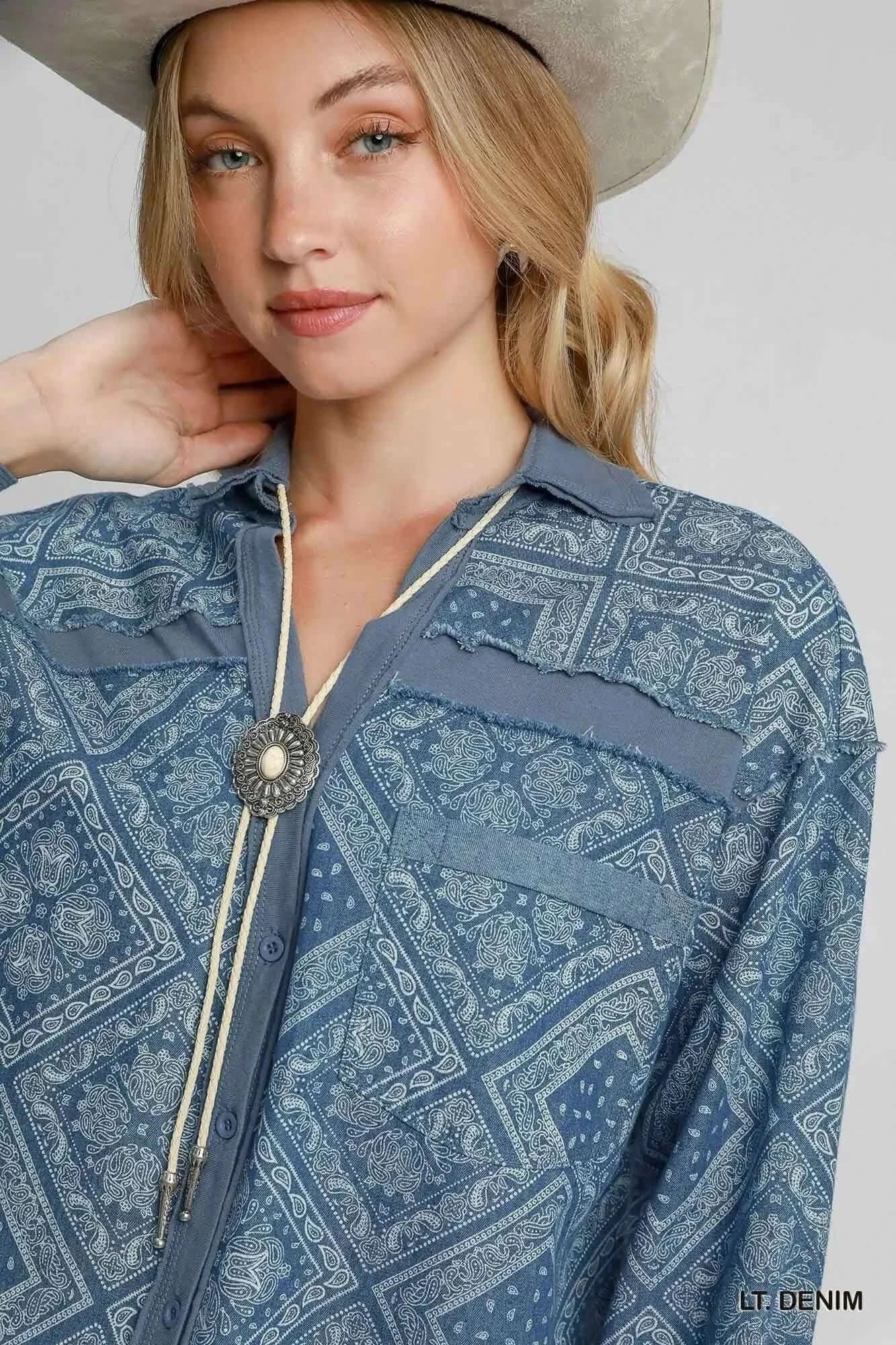 Umgee Paisley Print Denim Shirt Jacket