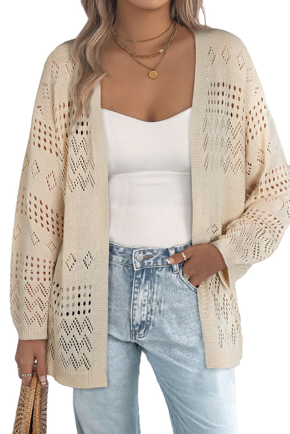 Smoke Gray Hollow Knit Cardigan With Eyelet Cutouts