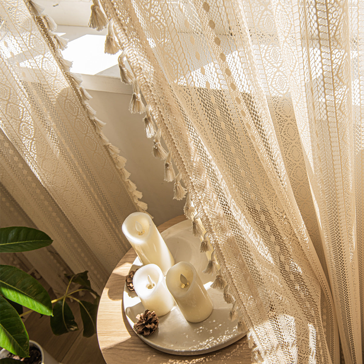 Wood Color Lace Mesh Curtains Living Room Bedroom