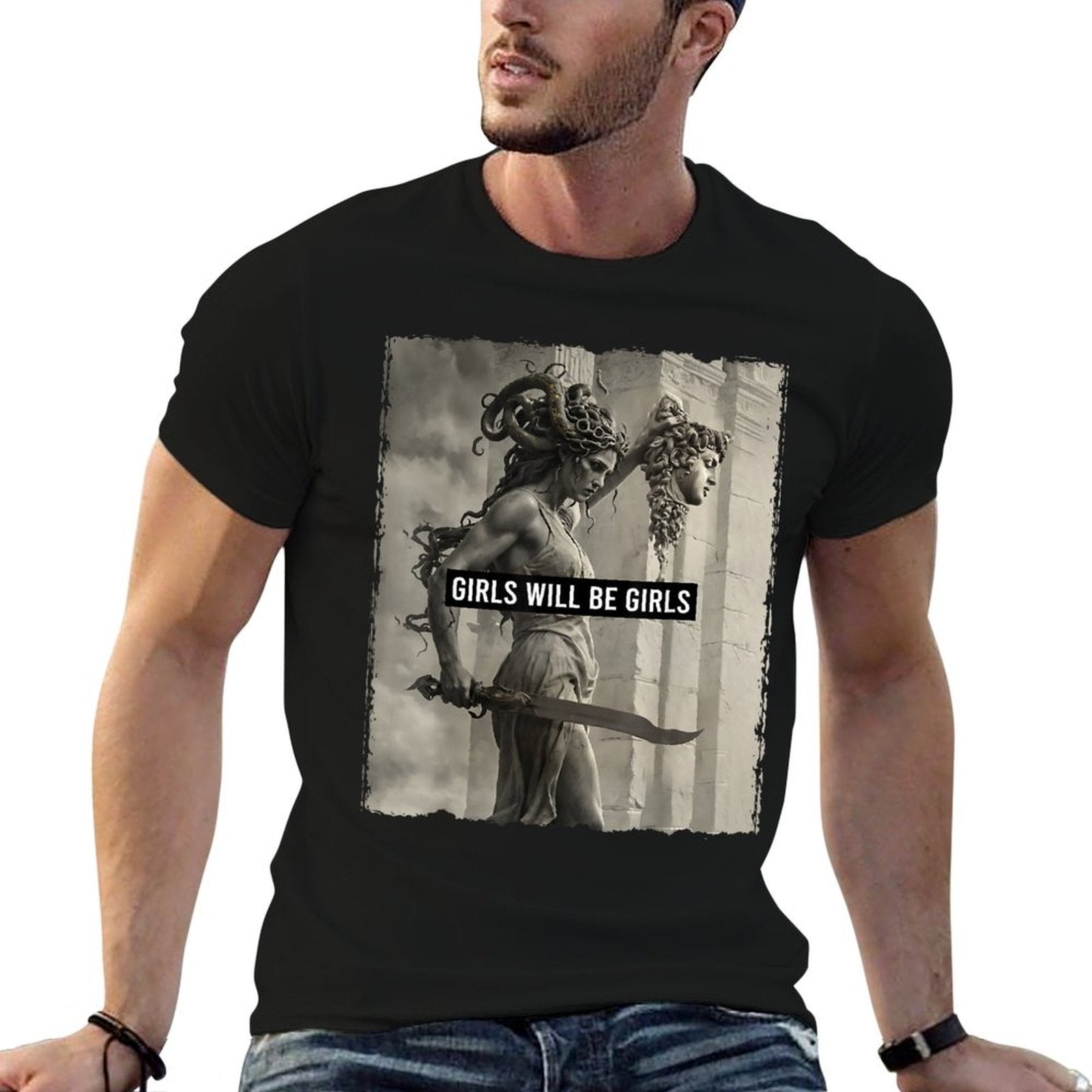 Girl Will Be Girls S Medusa Feminist Women Ribbed Collar T-Shirt