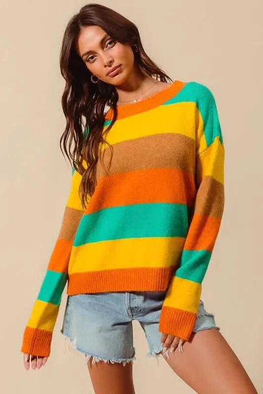 So Me Multi Color Stripe Sweater With Ribbed Detail