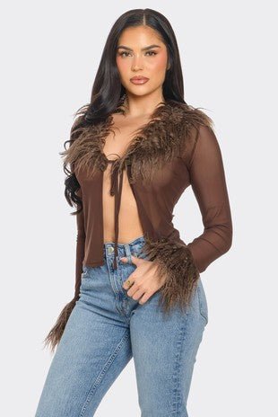 Diva Mesh Long Sleeve Top With Fur
