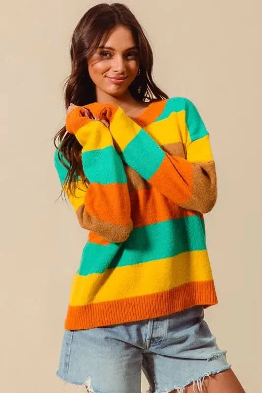 So Me Multi Color Stripe Sweater With Ribbed Detail