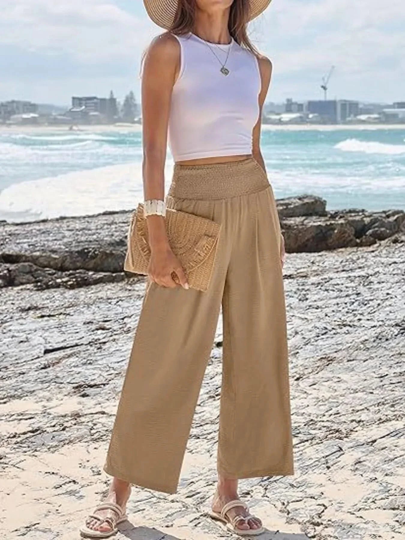 Wide Leg Smocked High Waist Pants With Pockets Polyester