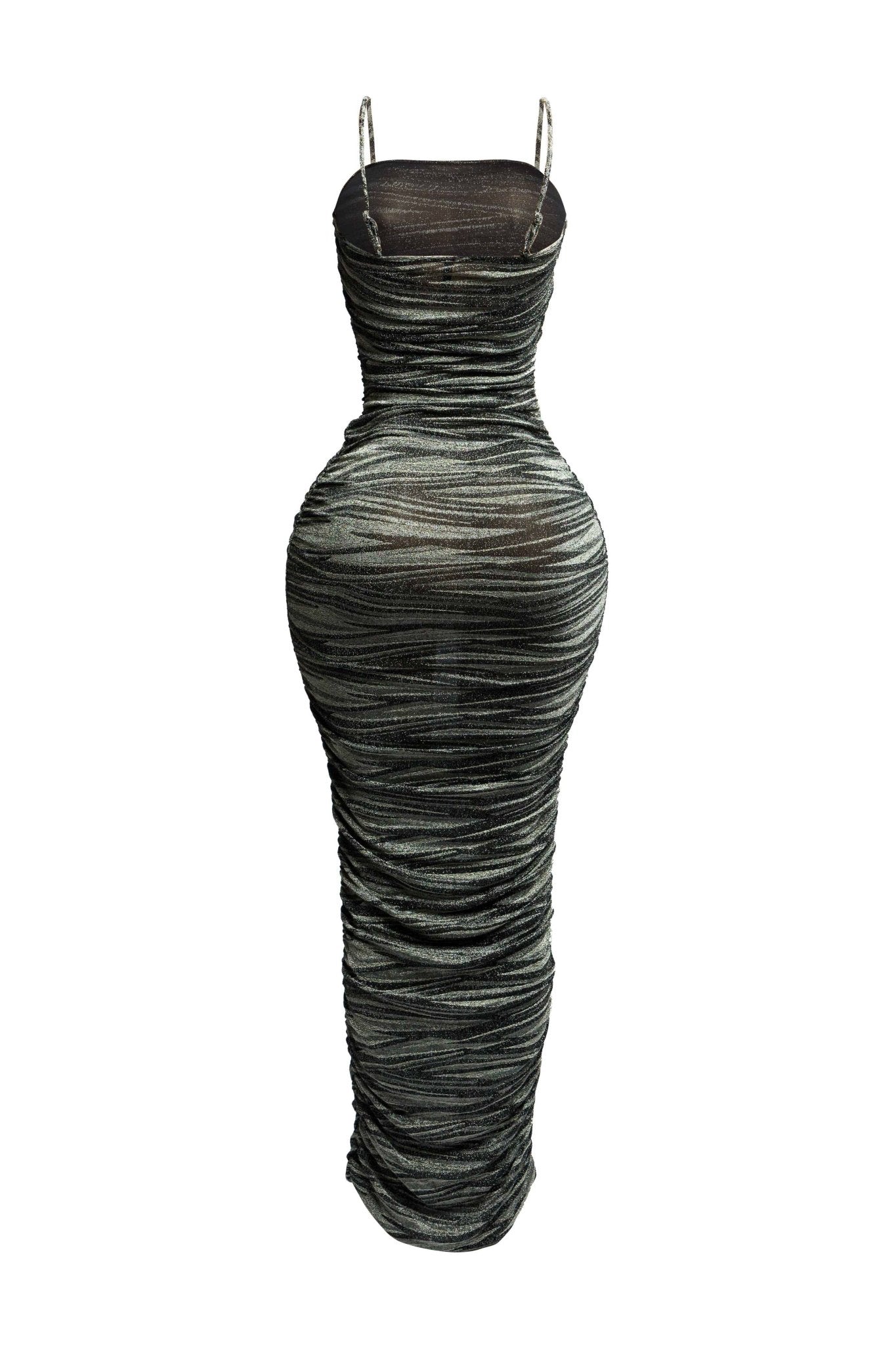 Elegant Metallic Maxi Dress with All-Over Ruched Design and Adjustable Straps for Stunning Appeal