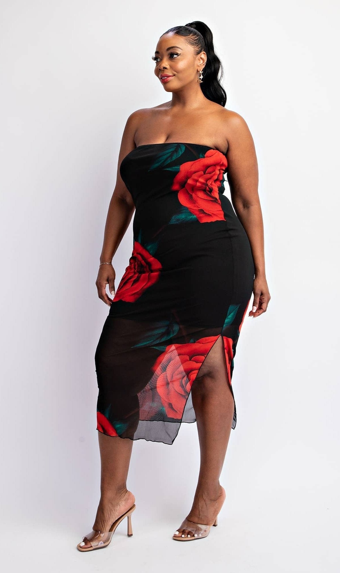 Emilia Plus Size Mesh Print Strapless Dress with Slit