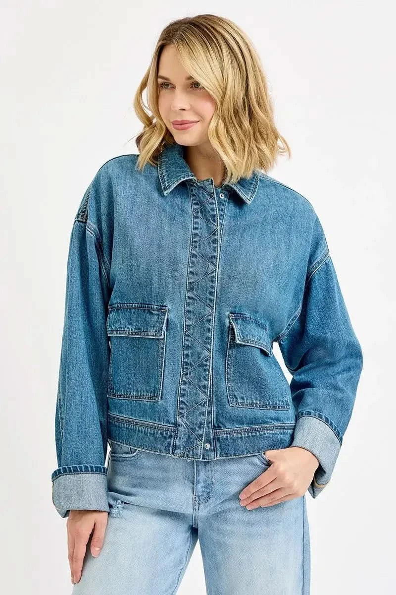 RISEN Oversized Cargo Pocket Denim Jacket with Cuffed Sleeves