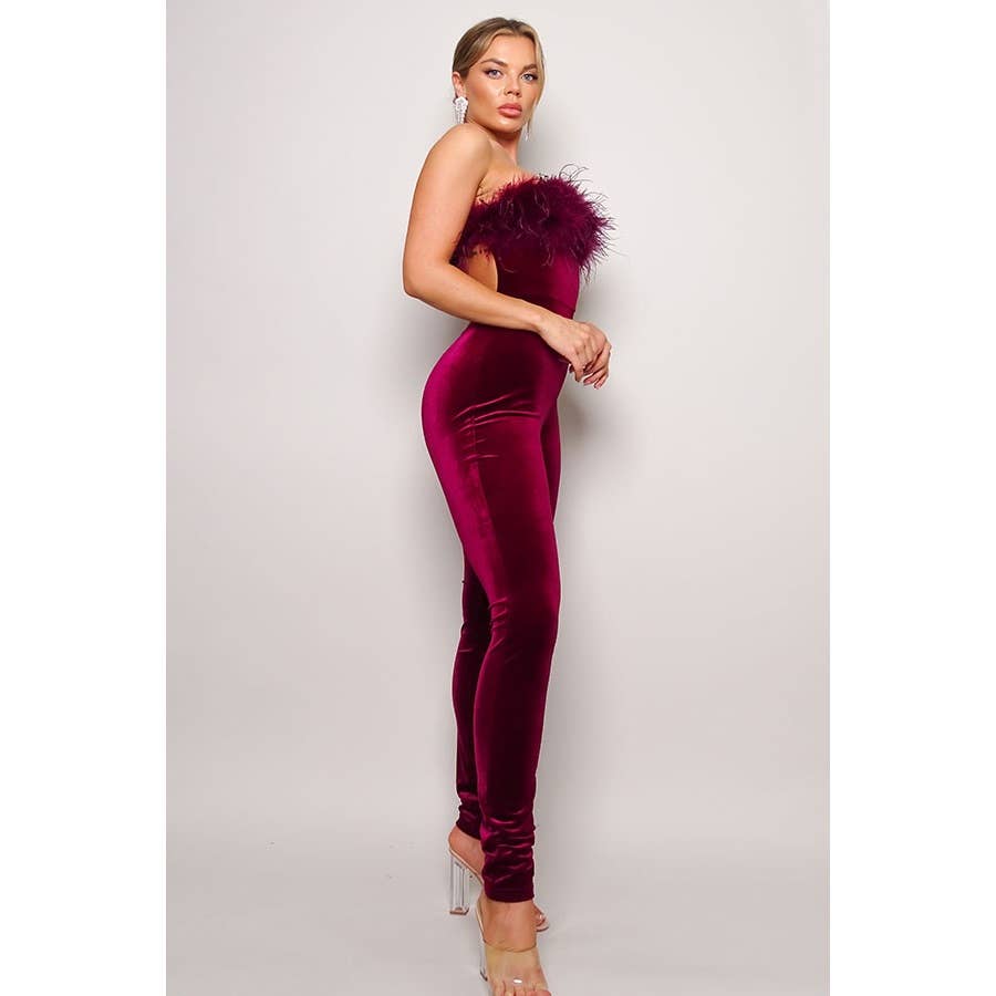 Josyln Feather Velvet Strapless Jumpsuit – Elegant Luxe Party Outfit