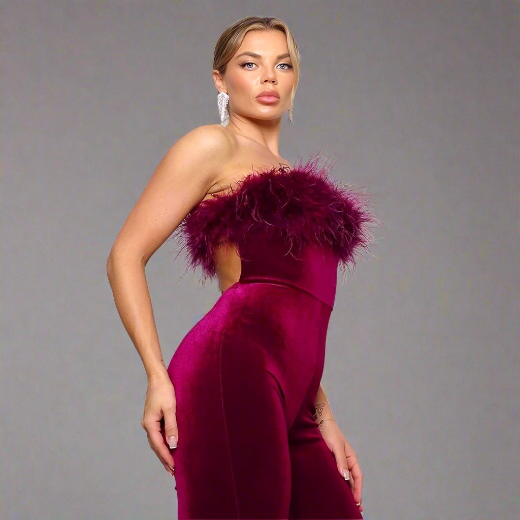 Josyln Feather Velvet Strapless Jumpsuit – Elegant Luxe Party Outfit