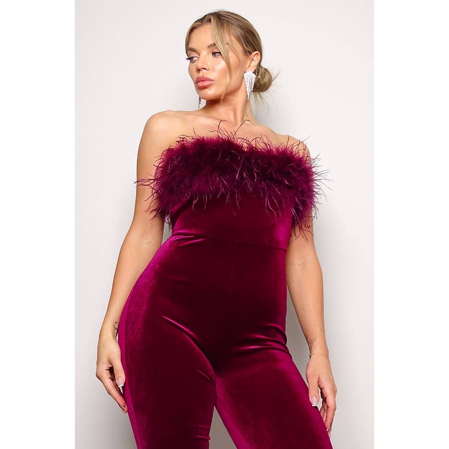 Josyln Feather Velvet Strapless Jumpsuit – Elegant Luxe Party Outfit