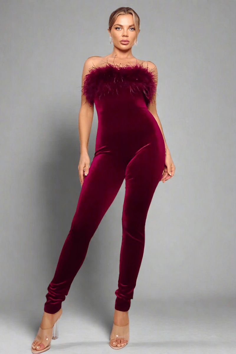 Josyln Feather Velvet Strapless Jumpsuit – Elegant Luxe Party Outfit