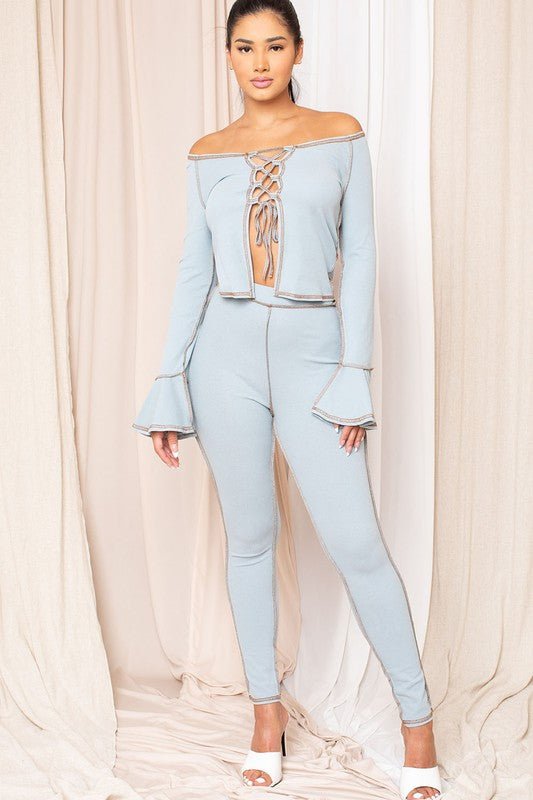 MADDIE INSIDE OUT STITCH LACE DOWN FRONT LONG SLEEVE CROP TO PANT SET