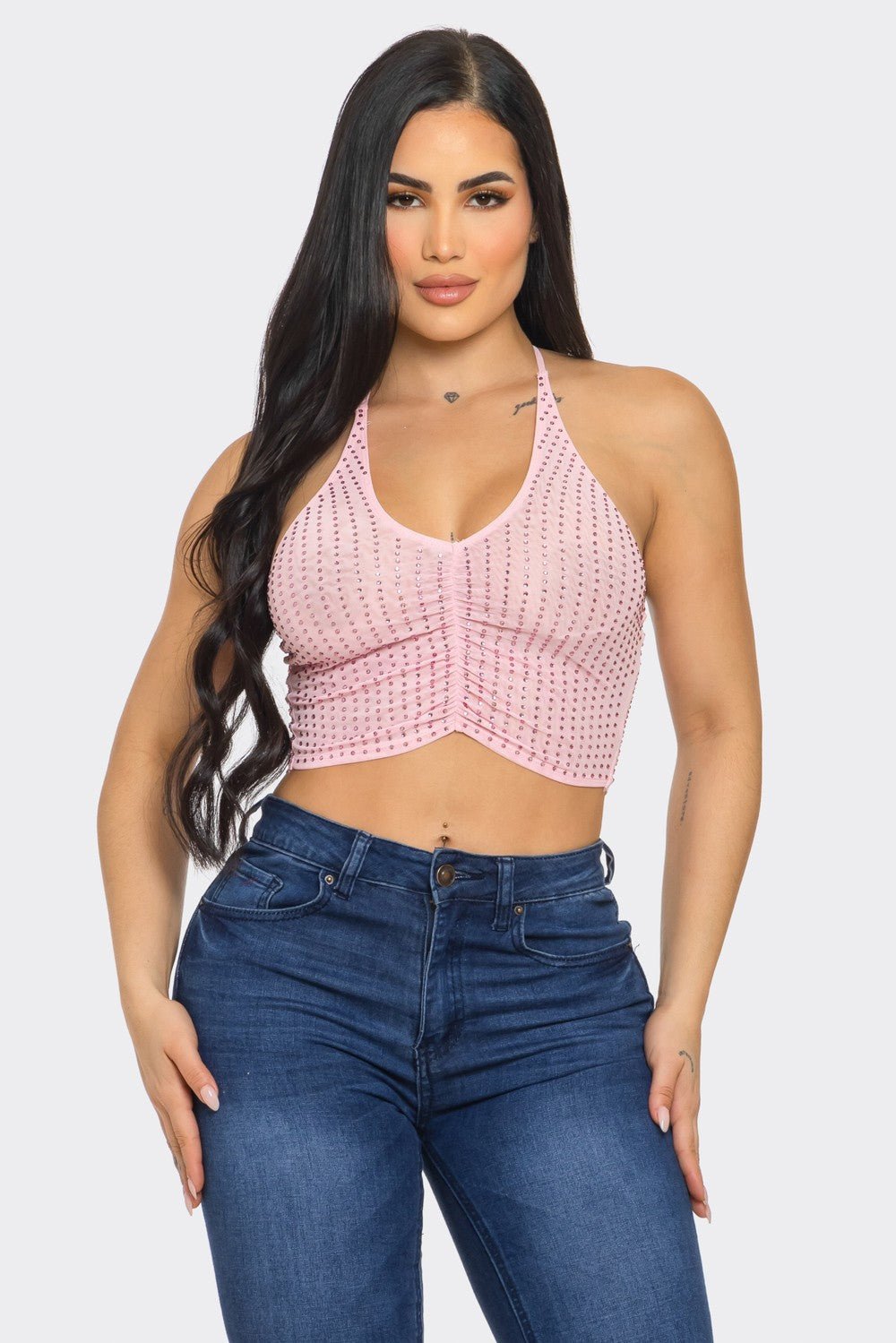 Sophie Stylish Studded Halter Tie Crop Top