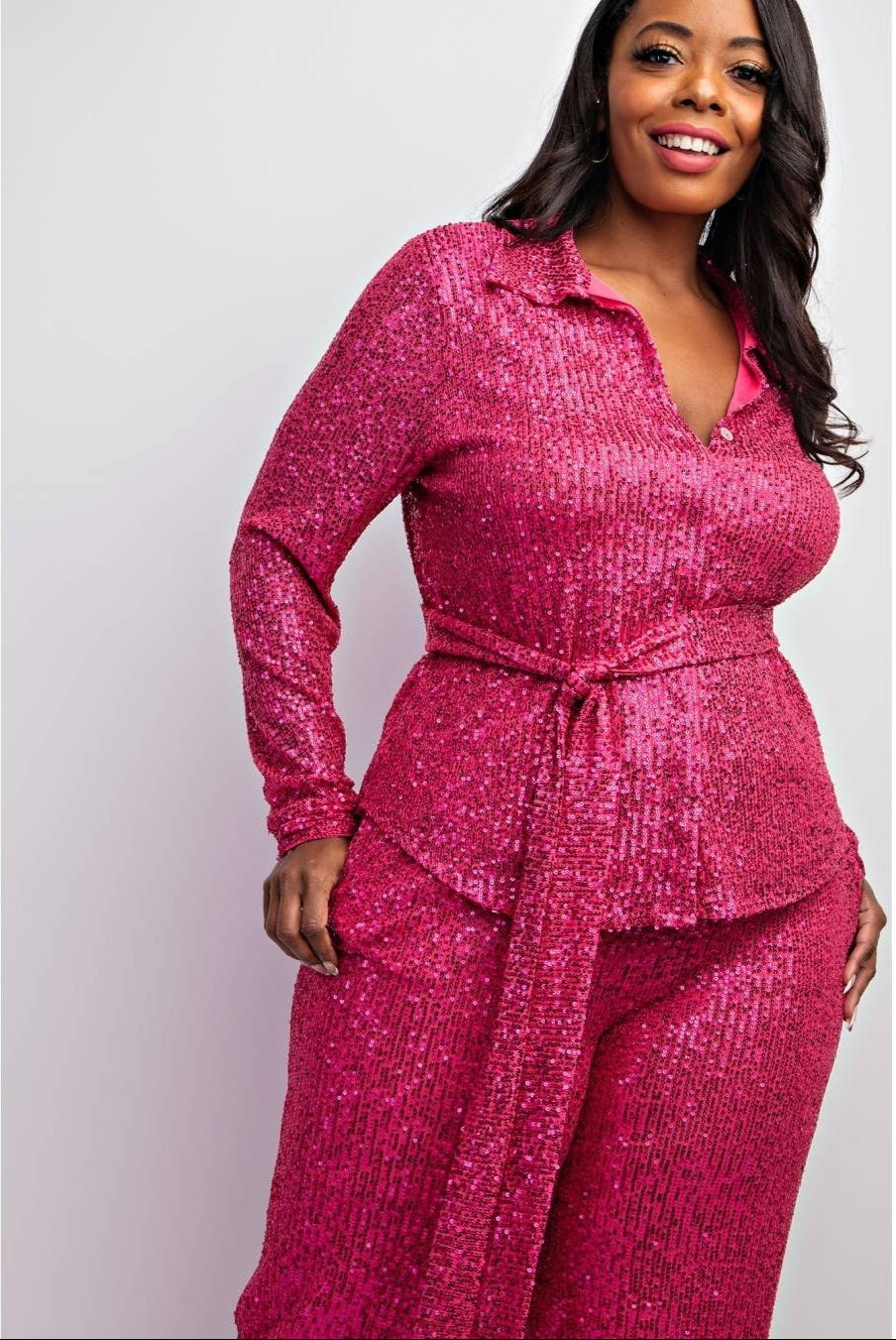 Sylvia Luxury Plus Size Sequin Shirt and Wide Leg Pants Set