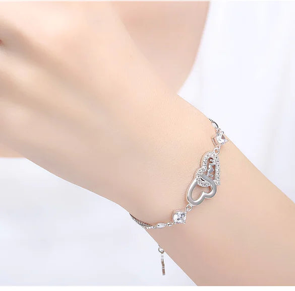 925 Silver Crystal Double Heart Bracelet